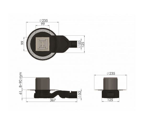 Трап водосток BERGES PLATZ Uno 100х100, матовый хром, боковой выпуск S-сифон D50 H60_, изображение 8
