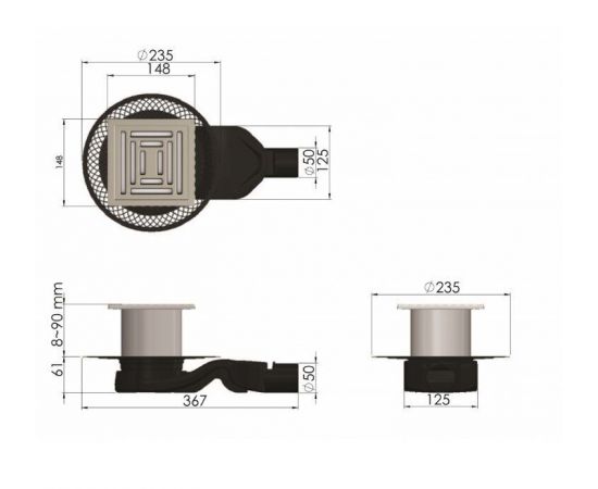 Трап водосток BERGES PLATZ Uno 150х150, матовый хром, боковой выпуск S-сифон D50 H60_, изображение 8