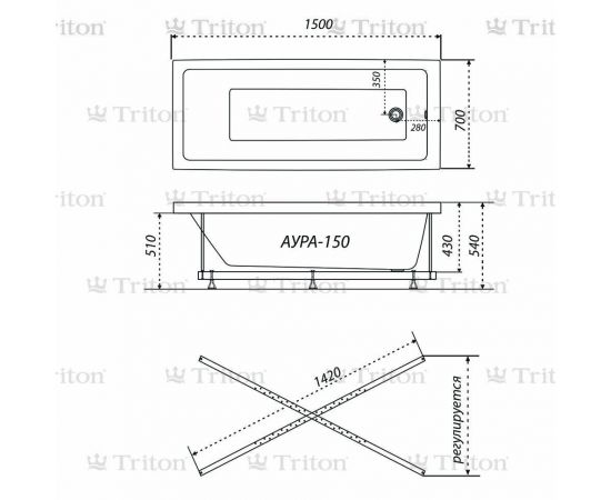 Акриловая ванна Triton Аура 150 с каркасом и слив-переливом Triton Стандарт ЕМ601TR_, изображение 6