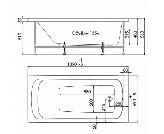 Акриловая ванна 1ACReal Gamma 140 прямоугольная с каркасом_, изображение 11
