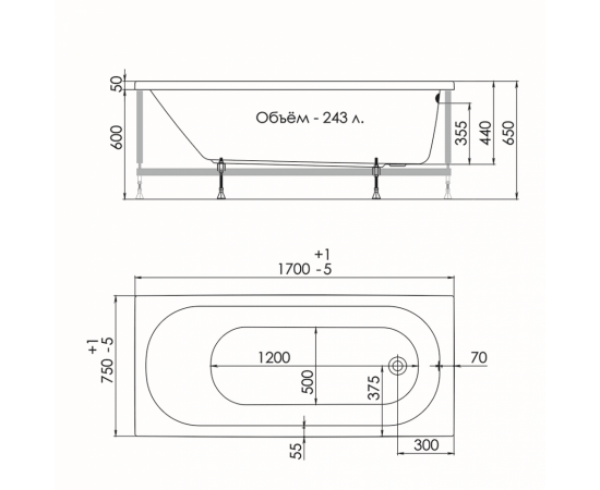 Акриловая ванна 1ACReal Tokyo 170 прямоугольная с каркасом и слив-переливом_, изображение 8