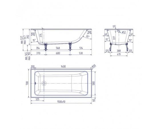 Ванна чугунная Delice Parallel 1500х700 без ручек с ножками_, изображение 7