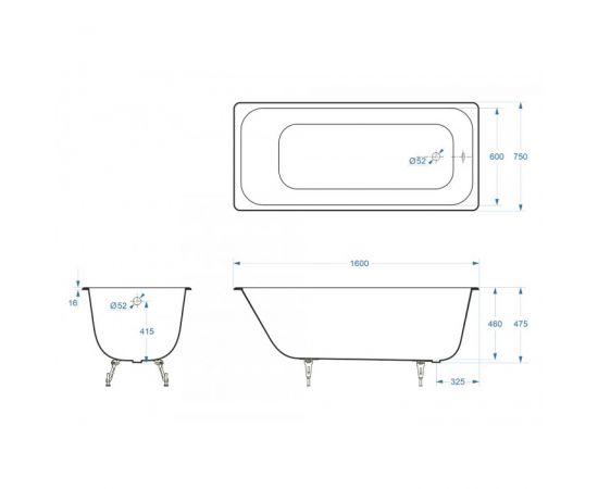 Ванна чугунная Delice Aurora 1600х750 с ножками, черными ручками DLR000006 и антискользящим покрытием_, изображение 6