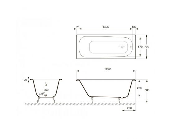 Ванна чугунная Delice Continental 1500х700 с ножками и ручками DLR000003 хром_, изображение 6