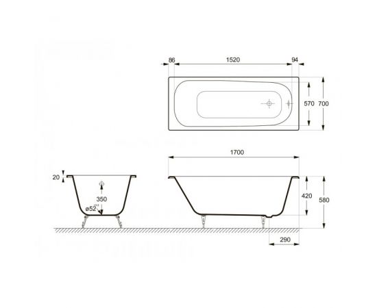 Ванна чугунная Delice Continental 1700х700 с ножками и золотыми ручками DLR000016_, изображение 6