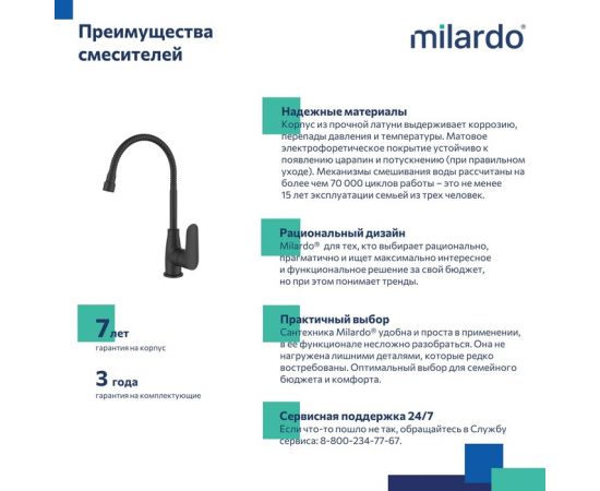 Смеситель для кухни Milardo Meal M07BL2FM05 с гибким изливом и душевой насадкой черный матовый_, изображение 3