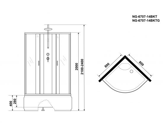 Душевая кабина Niagara Classic NG-6707-14BKT 800х800х2100-2400_, изображение 5