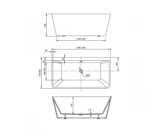 Акриловая ванна Vincea VBT-425-1700 170х80х60, цвет белый, слив-перелив в комплекте, белый_, изображение 5