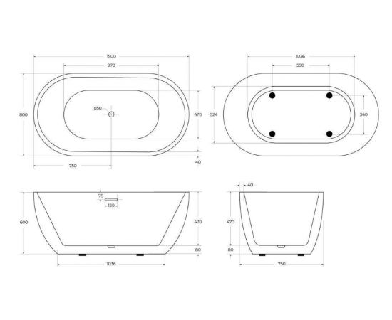 Акриловая ванна BelBagno BB70-1500-800-W/NM Белый Глянец внутри черный матовый снаружи_, изображение 4
