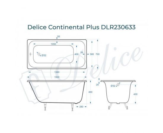 Ванна чугунная Delice Continental PLUS 150х70_, изображение 2