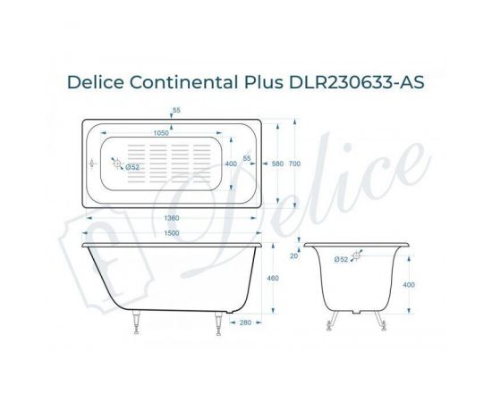 Ванна чугунная Delice Continental PLUS 150х70 с антискользящим покрытием_, изображение 2