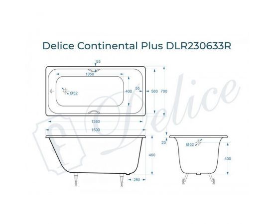 Ванна чугунная Delice Continental PLUS 150х70 с отверстиями под ручки_, изображение 2