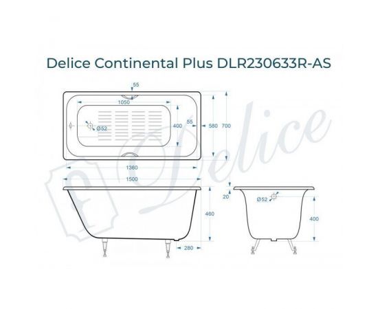 Ванна чугунная Delice Continental PLUS 150х70 с отверстиями под ручки и антискользящим покрытием_, изображение 2