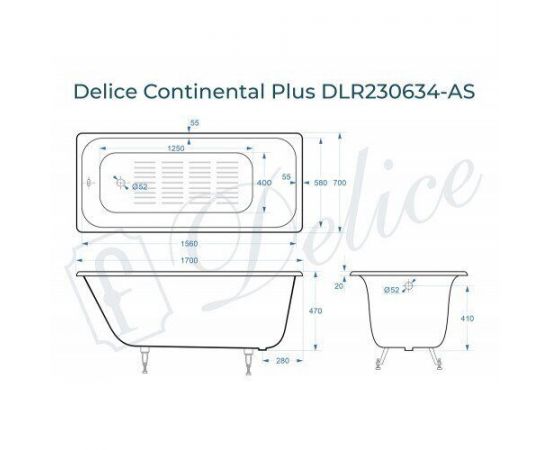 Ванна чугунная Delice Continental PLUS 170х70 с антискользящим покрытием_, изображение 2