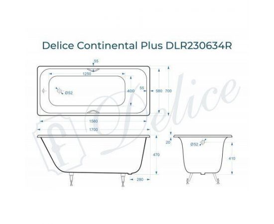 Ванна чугунная Delice Continental PLUS 170х70 с отверстиями под ручки_, изображение 2