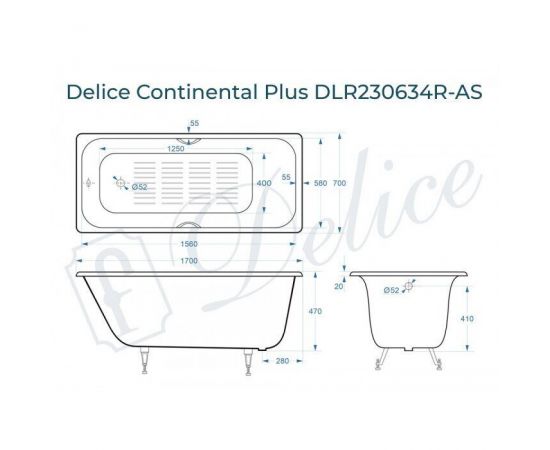 Ванна чугунная Delice Continental PLUS 170х70 с отверстиями под ручки и антискользящим покрытием_, изображение 2