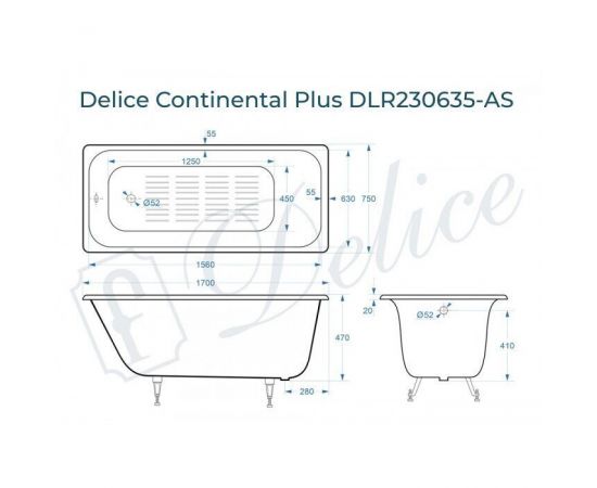 Ванна чугунная Delice Continental PLUS 170х75 с антискользящим покрытием_, изображение 2