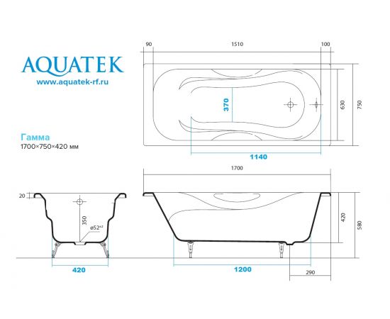 Ванна чугунная Aquatek AQ8070FH-00 ГАММА 1700x750 мм с 4-мя ножками без ручек_, изображение 4