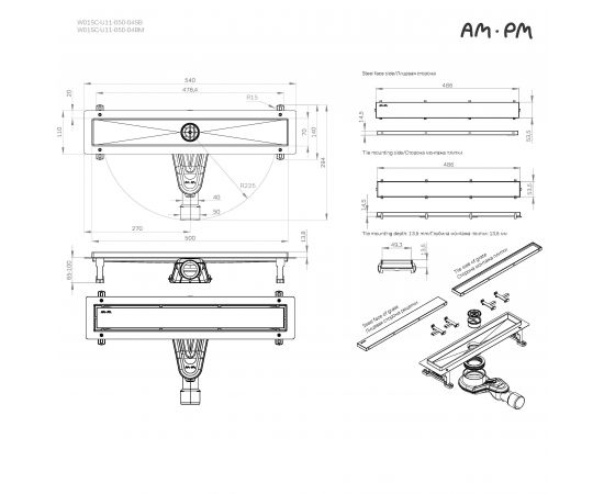 Трап для душа линейный AM.PM MasterFlow W01SC-U11-050-04SB универсальный затвор Tile 50 см_, изображение 25