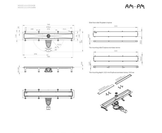 Трап для душа линейный AM.PM MasterFlow W01SC-U11-070-04SB универсальный затвор Tile 70 см_, изображение 25