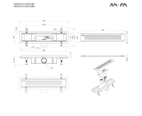 Трап для душа линейный AM.PM PrimeFlow W02SC-P11-040-01BM универсальный затвор Cut Gradient 40 см _, изображение 13