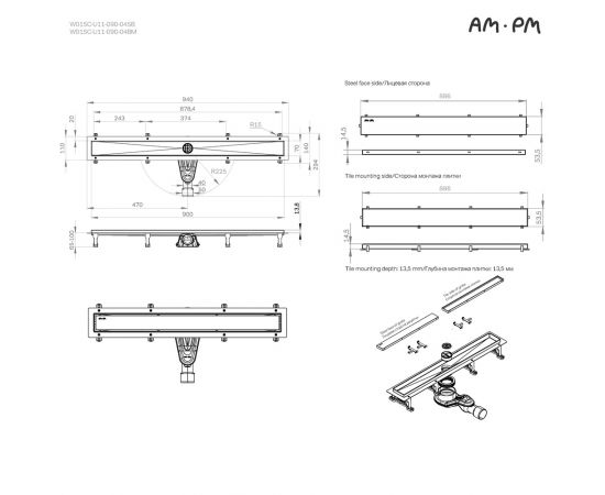 Трап для душа линейный AM.PM MasterFlow W01SC-U11-090-04SB универсальный затвор Tile 90 см_, изображение 25