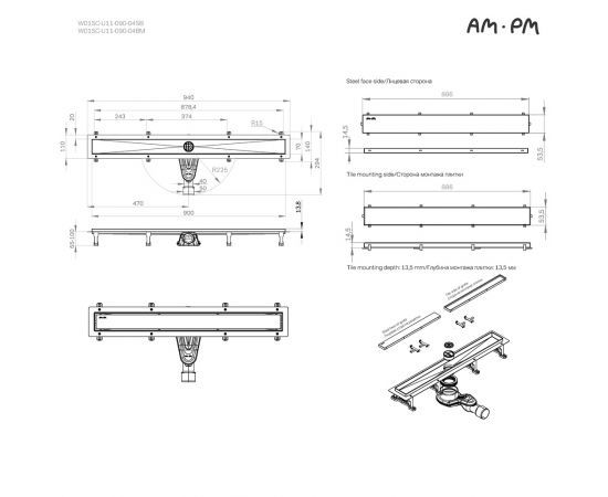 Трап для душа линейный AM.PM MasterFlow W01SC-U11-090-04BM универсальный затвор Tile 90 см_, изображение 25