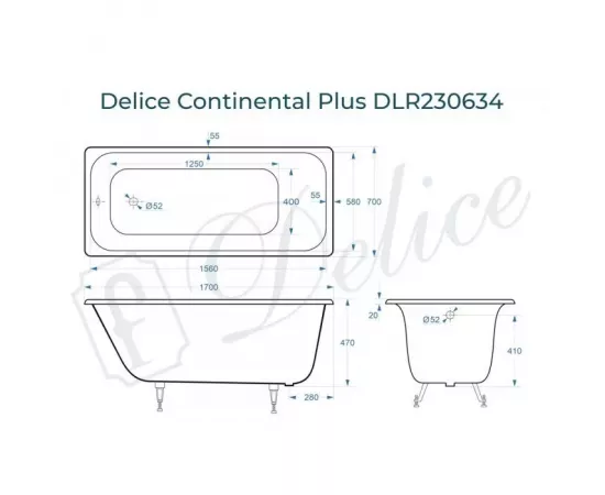 Ванна чугунная Delice Continental PLUS 170х70 с ножками_, изображение 2