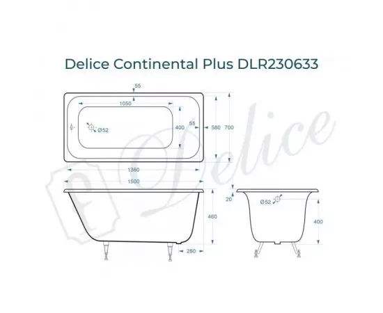 Ванна чугунная Delice Continental PLUS 150х70 с ножками_, изображение 2