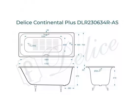 Ванна чугунная Delice Continental PLUS 170х70 с отверстиями под ручки и антискользящим покрытием с ножками_, изображение 2