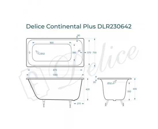 Ванна чугунная Delice Continental PLUS 100х70 DLR230642 с ножками_, изображение 2