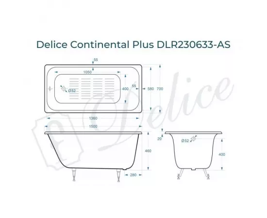 Ванна чугунная Delice Continental PLUS 150х70 с антискользящим покрытием с ножками_, изображение 2