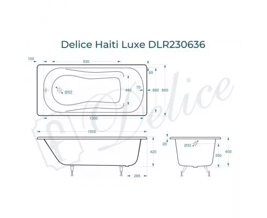 Ванна чугунная Delice Haiti Luxe 150х80 DLR230636 с ножками_, изображение 2