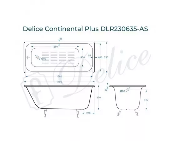 Ванна чугунная Delice Continental PLUS 170х75 с антискользящим покрытием с ножками_, изображение 2