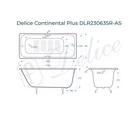 Ванна чугунная Delice Continental PLUS 170х75 с отверстиями под ручки и антискользящим покрытием с ножками_, изображение 2