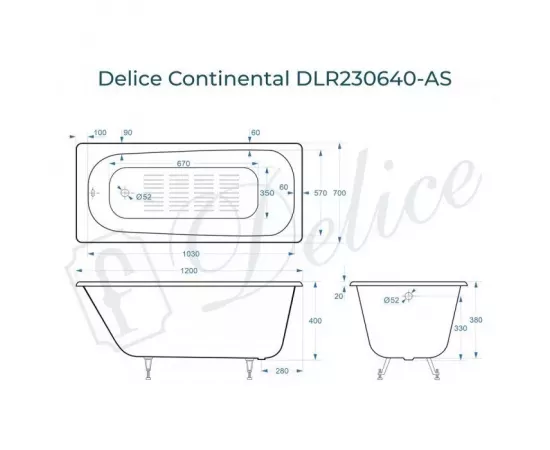 Ванна чугунная Delice Continental 120х70 с антискользящим покрытием DLR230640-AS с ножками_, изображение 2