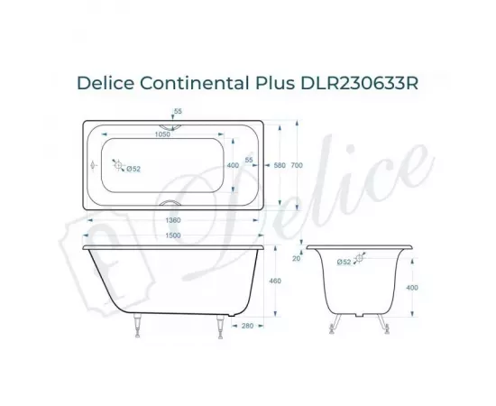 Ванна чугунная Delice Continental PLUS 150х70 с отверстиями под ручки с ножками_, изображение 2