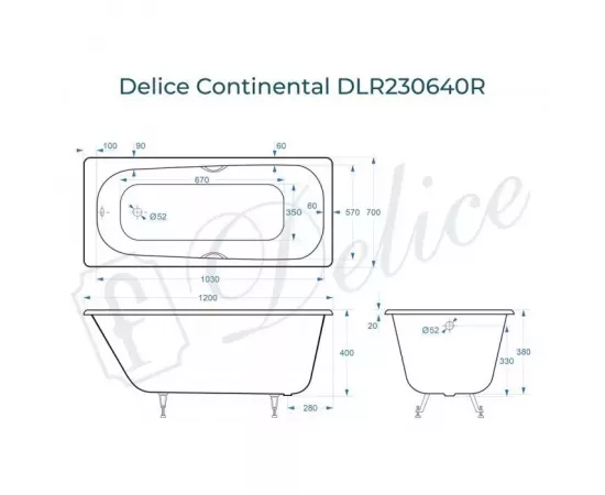 Ванна чугунная Delice Continental 120х70 с отверстиями под ручки DLR230640R с ножками_, изображение 2