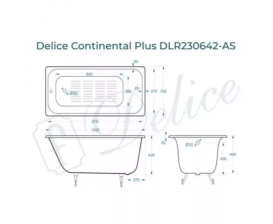 Ванна чугунная Delice Continental PLUS 100х70 с антискользящим покрытием DLR230642-AS с ножками_, изображение 2