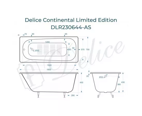 Ванна чугунная Delice Continental Limited Edition 165х70 с антискользящим покрытием DLR230644-AS с ножками_, изображение 2