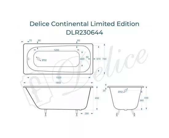 Ванна чугунная Delice Continental Limited Edition 165х70 DLR230644 с ножками_, изображение 2