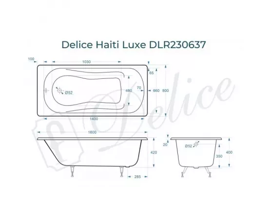 Ванна чугунная Delice Haiti Luxe 160х80 DLR230637 с ножками_, изображение 2