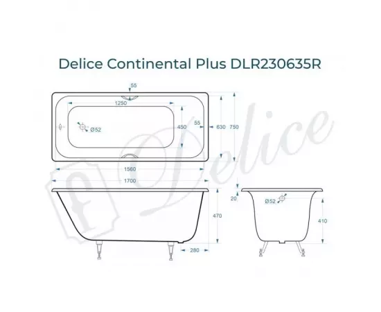 Ванна чугунная Delice Continental PLUS 170х75 с отверстиями под ручки с ножками_, изображение 2