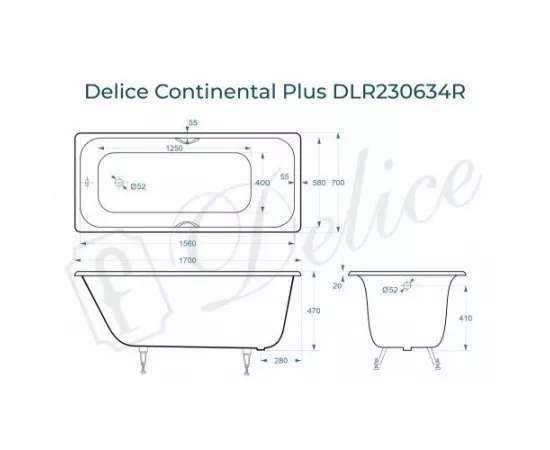 Ванна чугунная Delice Continental PLUS 170х70 с отверстиями под ручки с ножками_, изображение 2