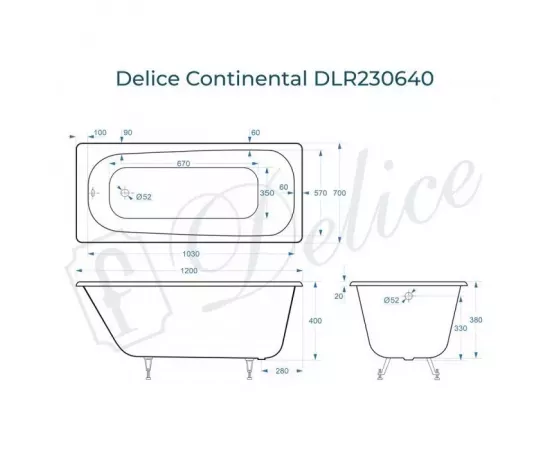 Ванна чугунная Delice Continental 120х70 DLR230640 с ножками и переливом DLR000017_, изображение 2