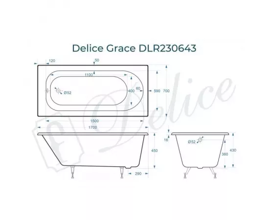 Ванна чугунная Delice Grace 170х70 DLR230643 с ножками_, изображение 2