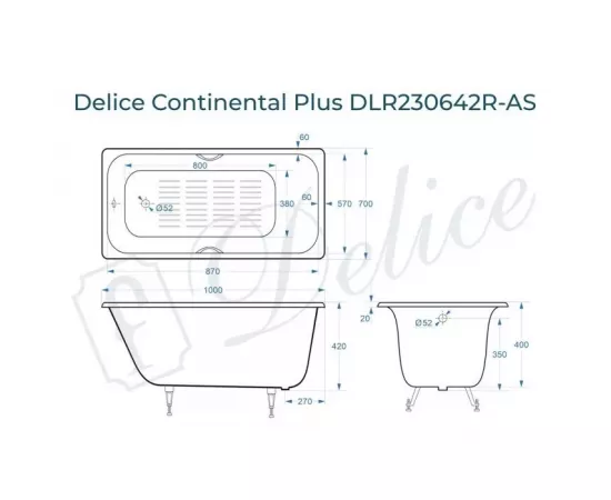 Ванна чугунная Delice Continental PLUS 100х70 с отверстиями под ручки и антискользящим покрытием DLR230642R-AS с ножками_, изображение 2