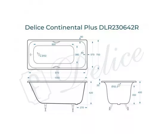 Ванна чугунная Delice Continental PLUS 100х70 с отверстиями под ручки DLR230642R с ножками_, изображение 2