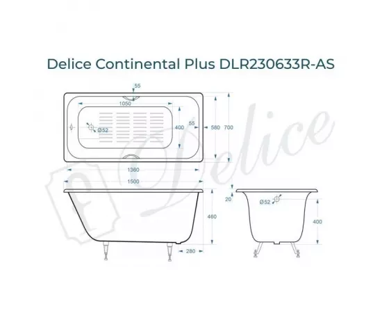 Ванна чугунная Delice Continental PLUS 150х70 с отверстиями под ручки и антискользящим покрытием с ножками_, изображение 2