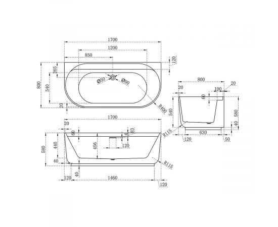 Ванна акриловая Vincea VBT-621B 1700х800х580 цвет белый слив-перелив в комплекте белый_, изображение 3